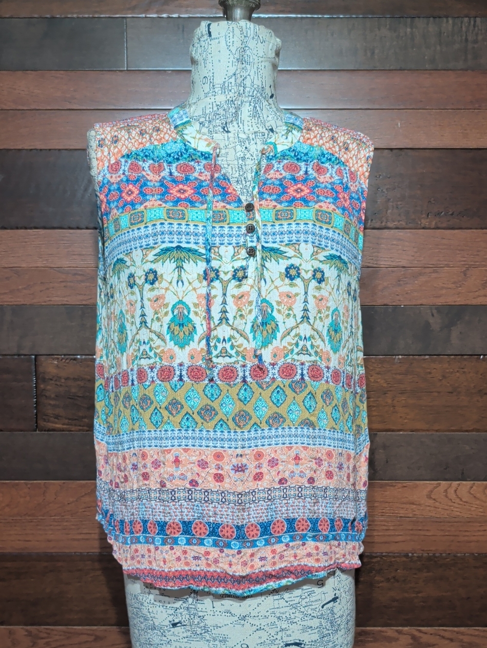 One World Multicolor Boho Print Sleeveless Camisole in Teal & Coral